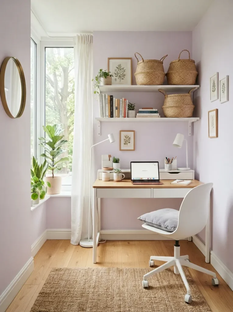 Small room painted light purple with white trim, woven baskets, soft curtains, wood furniture, and airy modern decor.