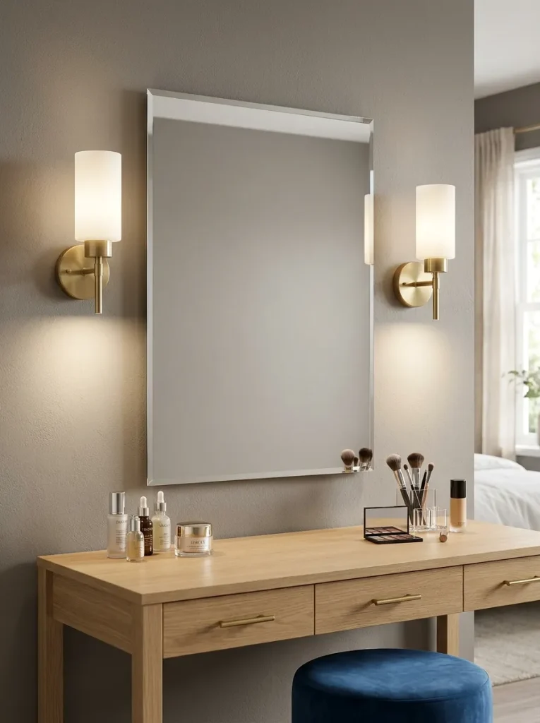 Dressing table with soft wall sconces beside mirror, warm vanity lighting, small stool, clean tabletop, and balanced bedroom glow.