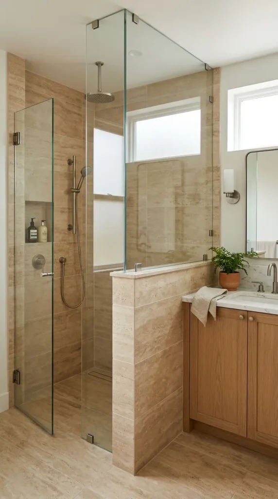 Rustic walk in shower with tiled half wall, glass panel above, stone texture, warm neutral tile, black fixtures, and private open shower layout.