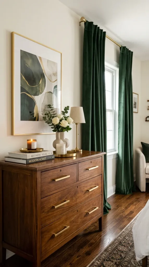 A vintage dresser with new brass handles styled with large artwork and full, elegant curtains.