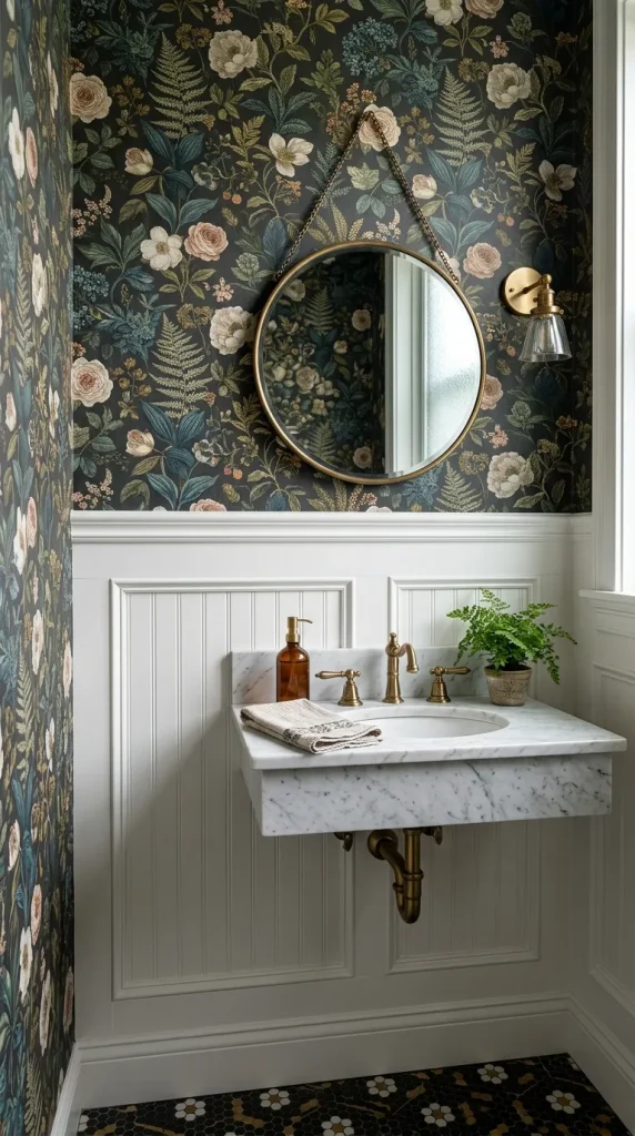 A powder room with crisp white wainscoting on the lower wall and a detailed botanical print wallpaper above.