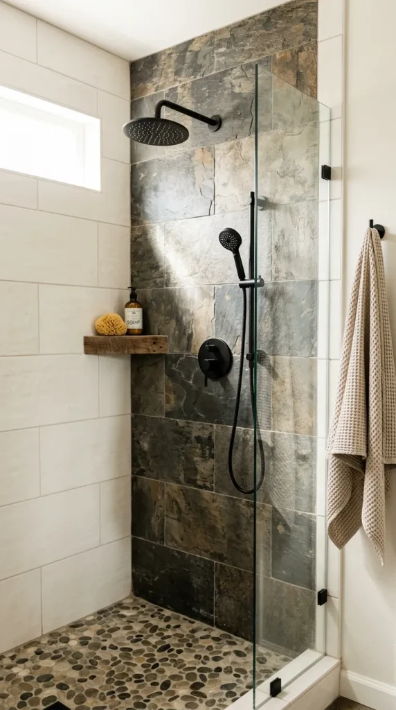 Rustic walk in shower with stone accent wall, warm white side tile, matte black fixtures, glass panel, and simple shower floor.