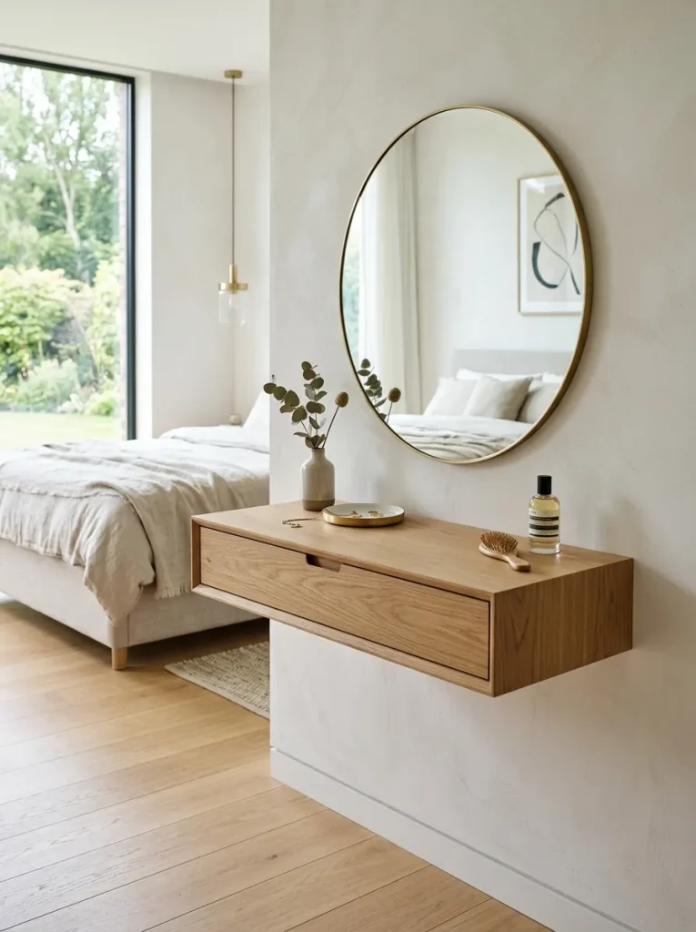 Floating dressing table with wall-mounted drawer, round mirror, small stool, light bedroom wall, and open floor space.