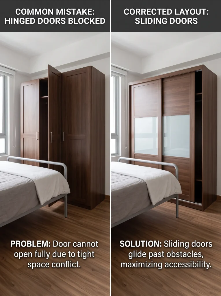 A visual comparison showing a hinged wardrobe door blocked by a nearby bed, contrasted with a correctly planned sliding door layout in the same space.