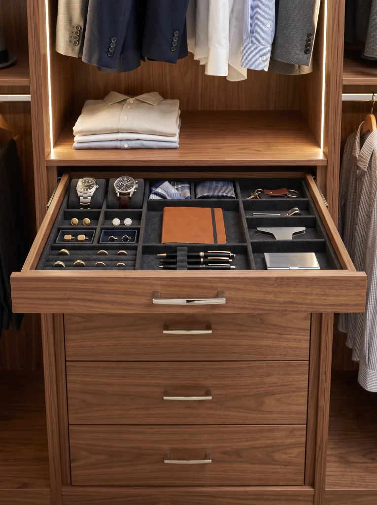 wardrobe with internal drawers, folded T-shirts, socks, scarves, accessory trays, shallow drawers, deep drawers, hanging section, and clean closet organization
