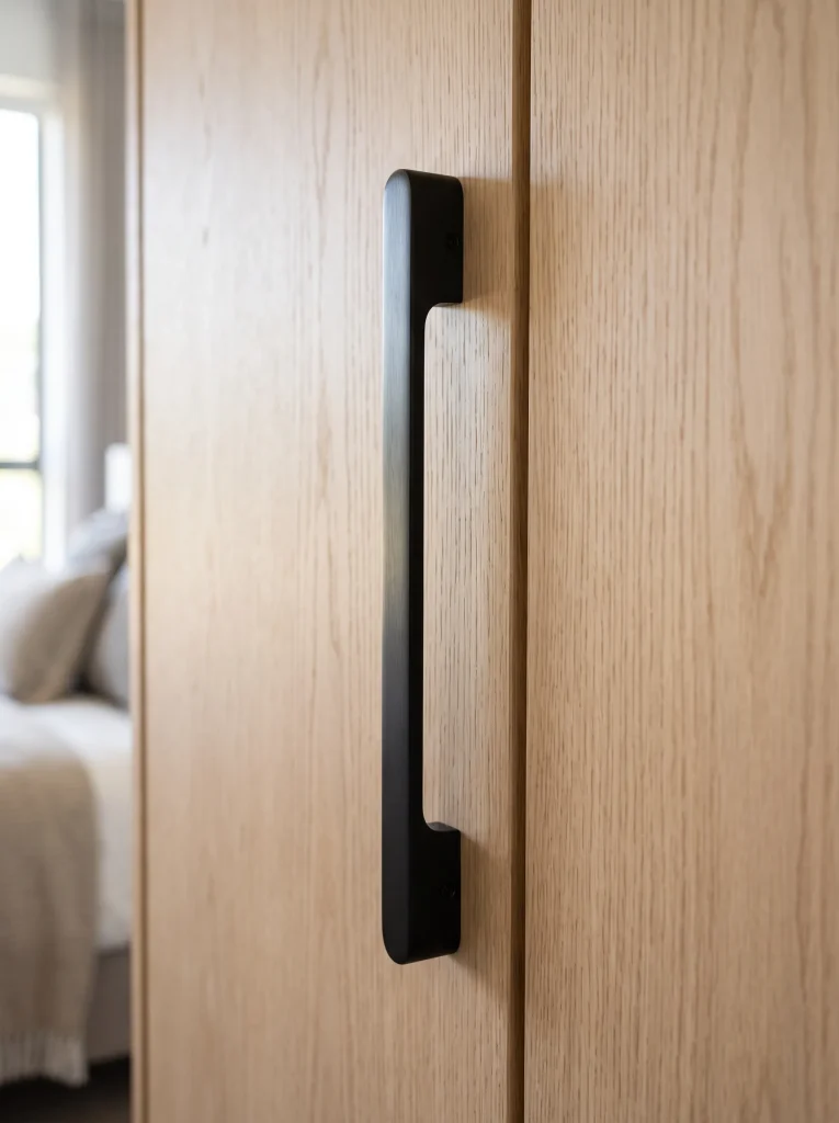 close-up of wardrobe handles with slim black pull, brushed brass handle, recessed pull detail, matte door finishes, and modern bedroom hardware