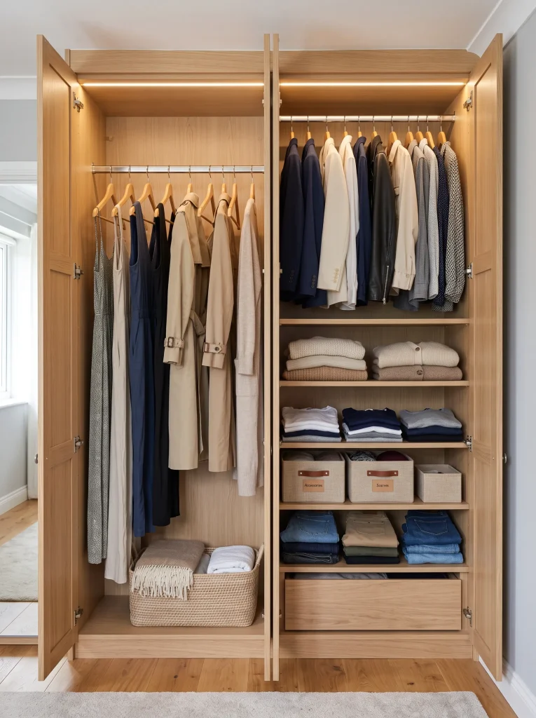 wardrobe interior planning with hanging space, shelves, drawers, shoe storage, upper cabinets, storage boxes, folded clothes, and organized bedroom closet layout