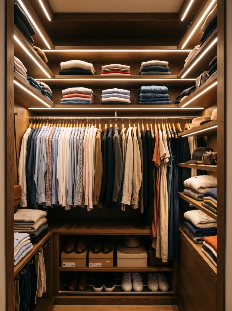 open wardrobe interior with warm LED strip lights, motion sensor shelves, hanging clothes, drawers, shoe storage, and soft bedroom lighting