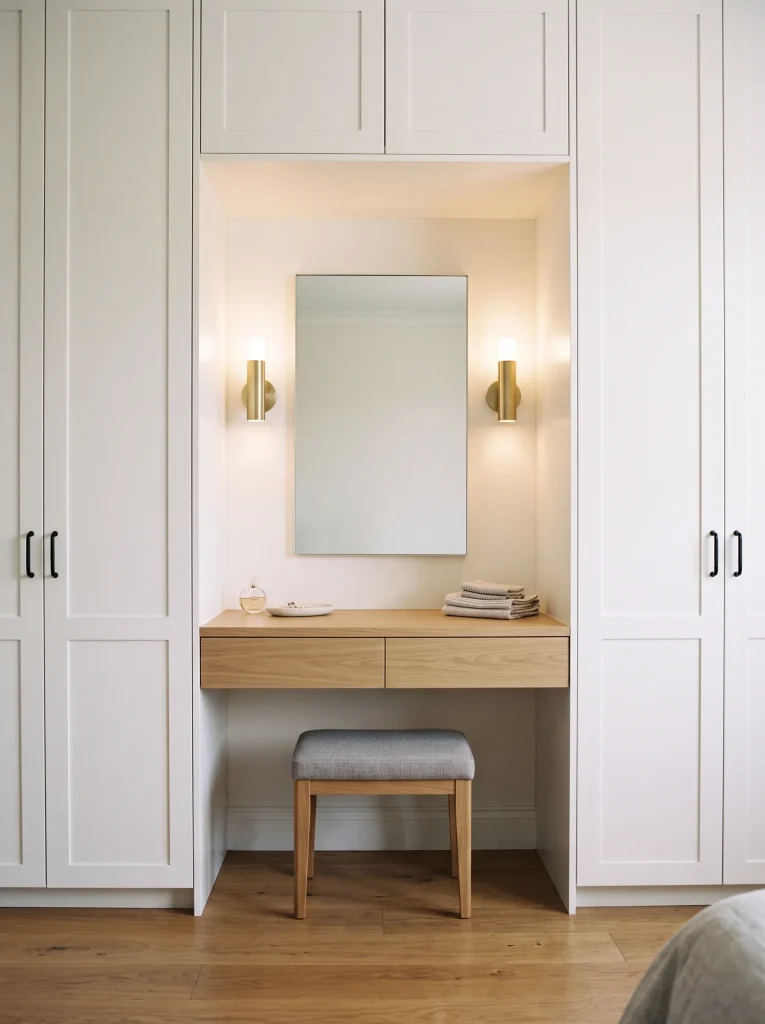 modern wardrobe with attached dressing table, mirror, drawer zone, tuck-under stool, vertical lights, soft vanity lighting, and clean bedroom storage wall