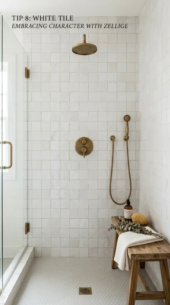 Rustic walk in shower with handmade white tile, pebble floor, bronze fixtures, wood-look niche, glass panel, and fresh natural bathroom style.