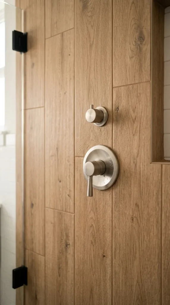 Rustic walk in shower with vertical wood-look porcelain tile, matte finish, warm neutral walls, black fixtures, and clear glass panel.