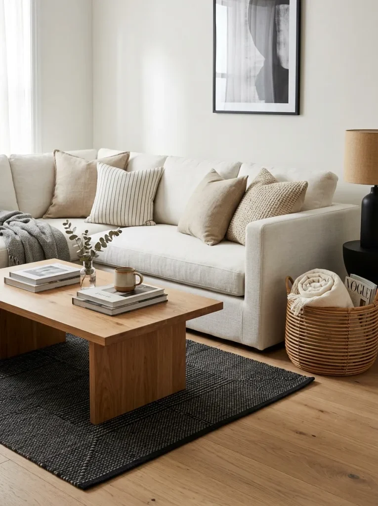 Small black and white living room with wood coffee table, cream curtains, beige pillows, rattan basket, brass lamp, and soft warm accents.