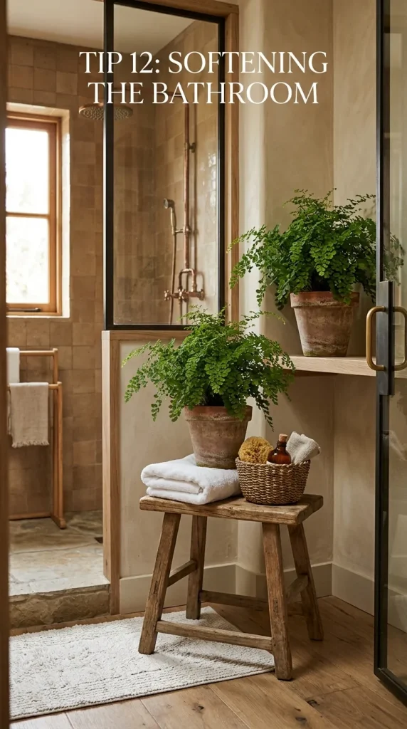 Rustic walk in shower with dry-zone styling, wood stool, woven basket, soft towels, plant, wall hooks, warm light, and natural bathroom decor.