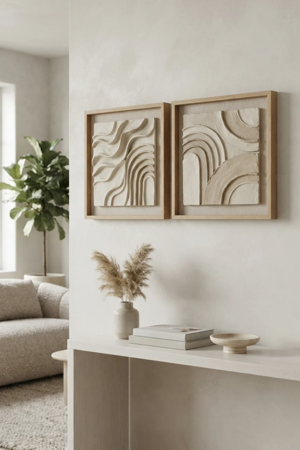 Two square framed wall art pieces with textured abstract clay reliefs in neutral tones hanging above a console table.