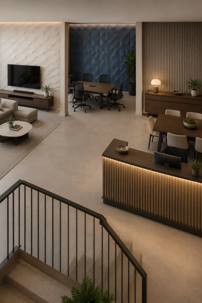 An elevated view of a modern office space showing a reception desk.