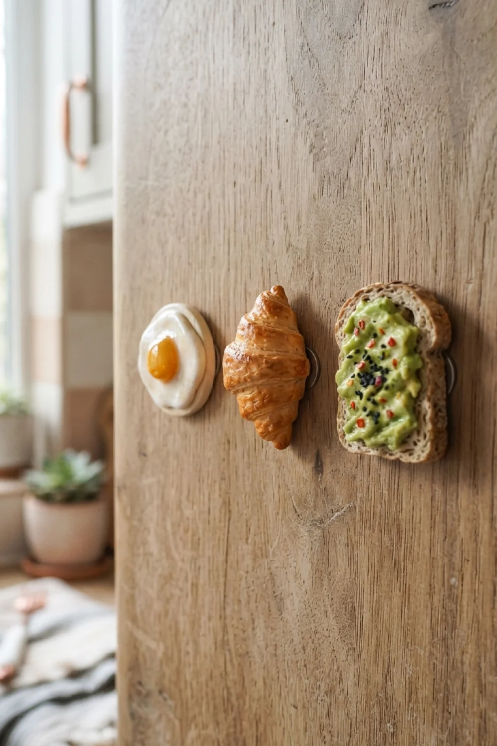 Three food-themed air dry clay magnets shaped like a fried egg, a croissant, and avocado toast on a wooden surface.