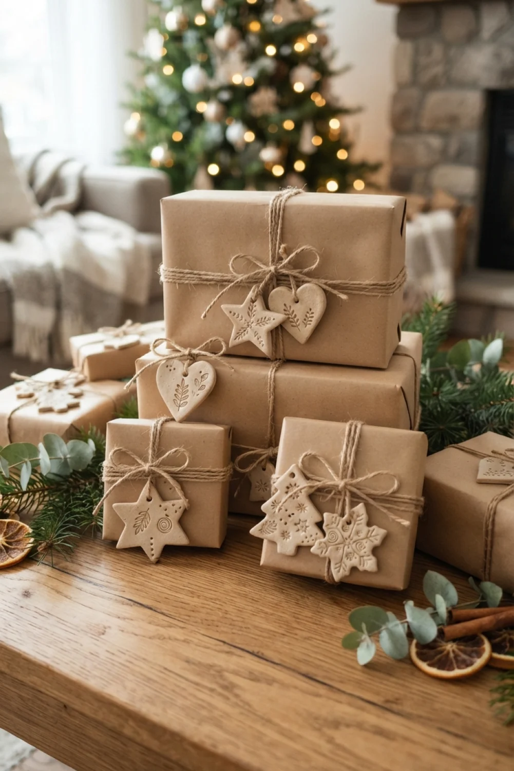 Brown paper gift boxes decorated with twine and stamped air-dry clay ornaments in shapes of stars, hearts, and trees.