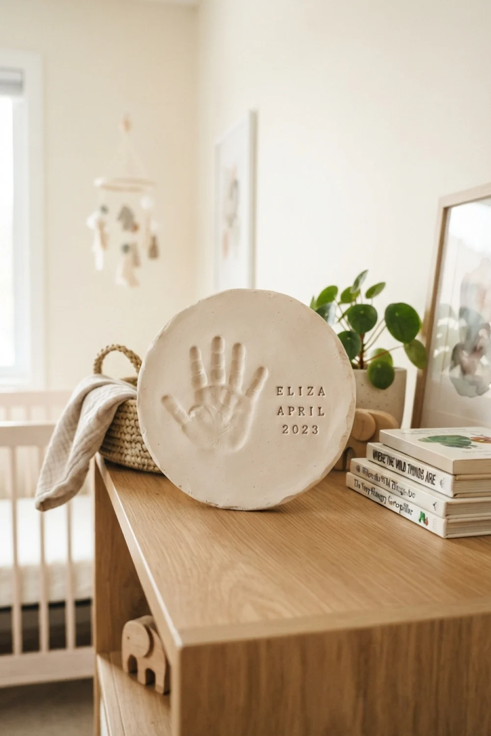 Circular clay plaque with a child's handprint and the name Eliza, date April 2023, displayed on a wooden shelf.