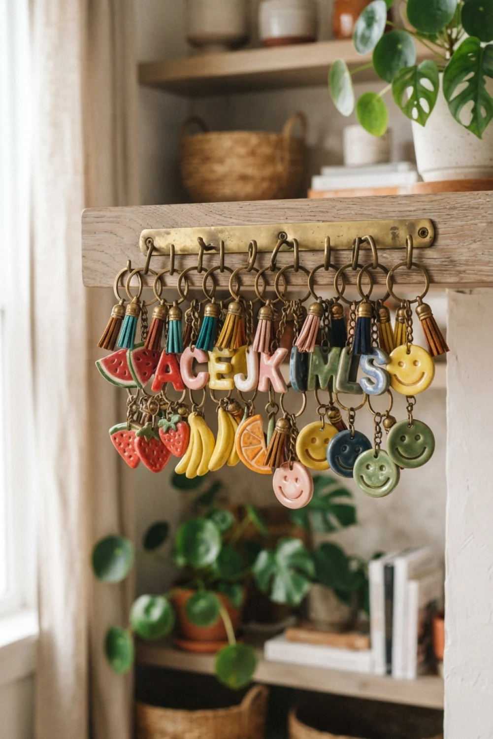 Handmade air dry clay keychains featuring letters, fruit shapes, and smiley faces with colorful tassels hanging on a rack.