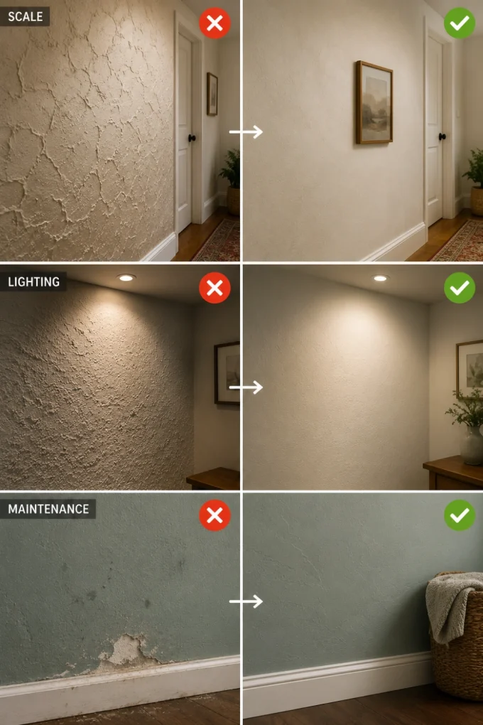 Visual guide showing common mistakes and better choices for avoid common wall texture.