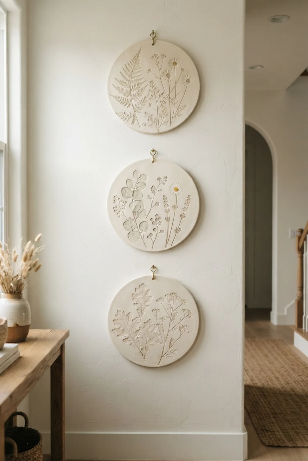 Three circular clay plaques with botanical leaf and flower impressions hung vertically on a white wall.
