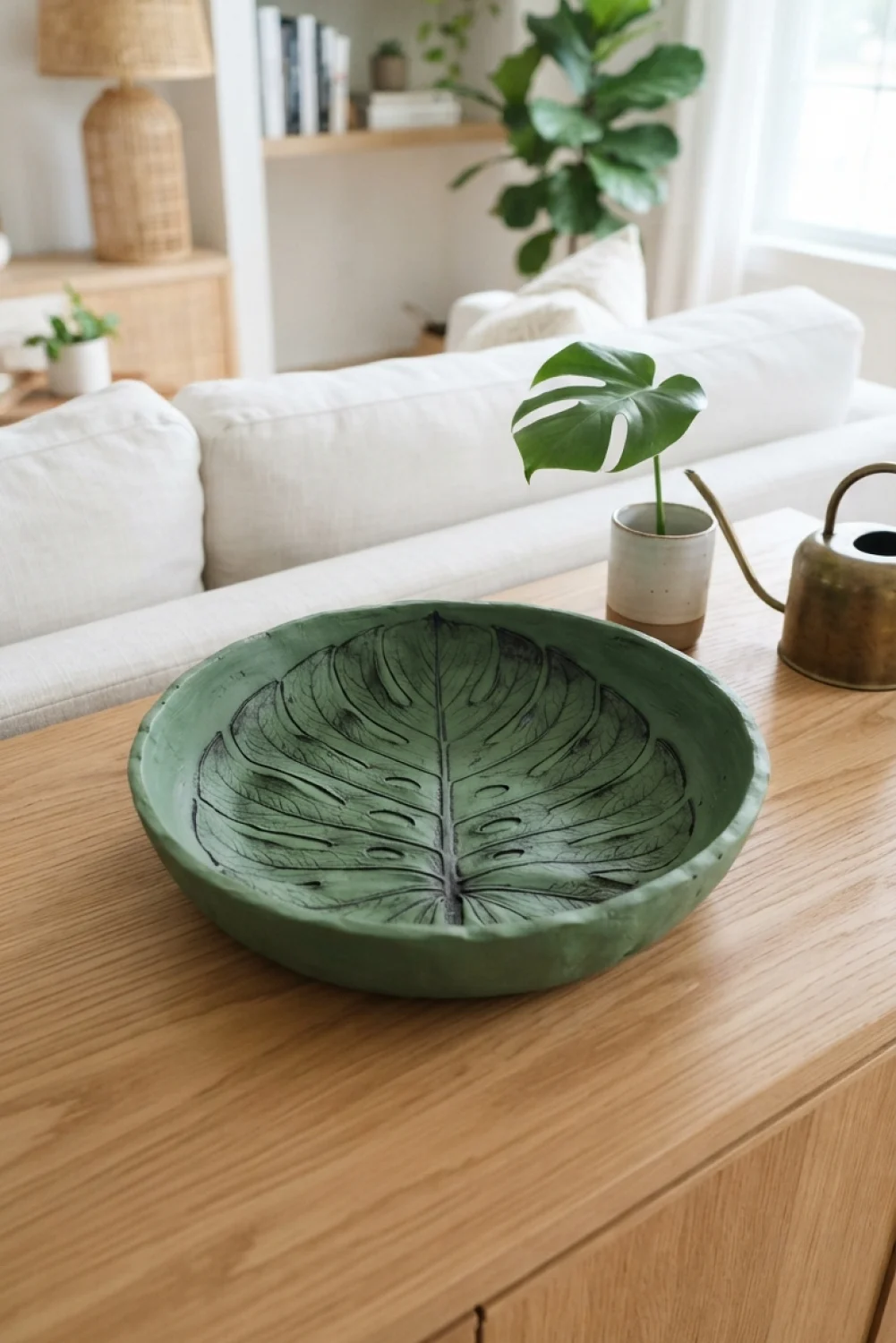 Sage green air dry clay bowl with a detailed monstera leaf impression on a wooden table