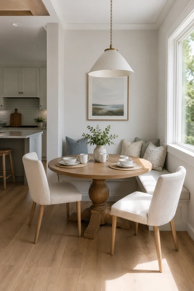 A small breakfast nook in an empty corner featuring round or oval table, open-legged furniture, and light upholstery.
