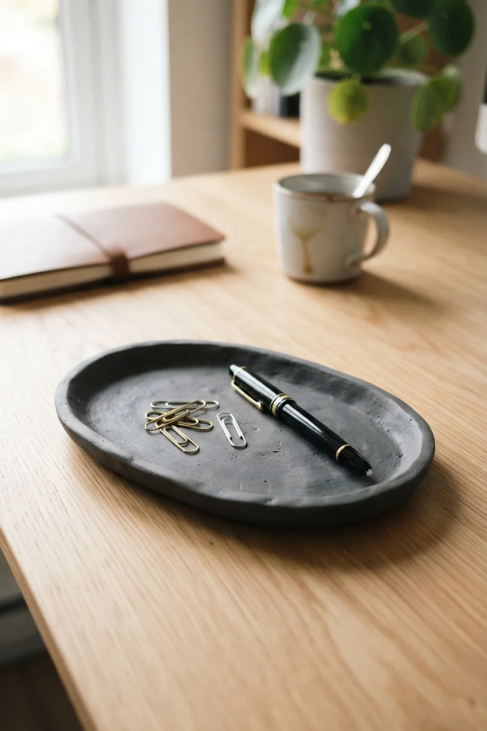 Charcoal-colored oval air dry clay tray holding paper clips and a fountain pen on a wooden desk.