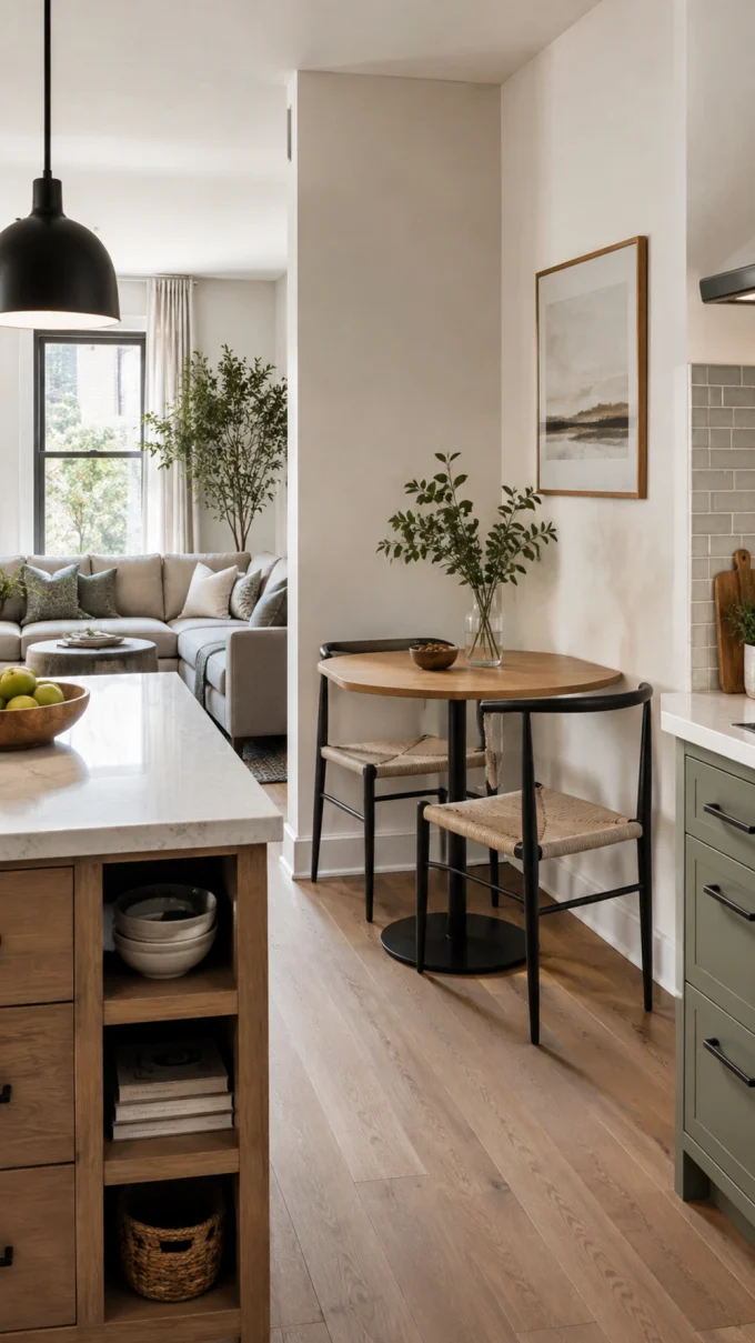 Open-plan kitchen and living room with a compact dining table and light seating arranged as a corner breakfast nook.