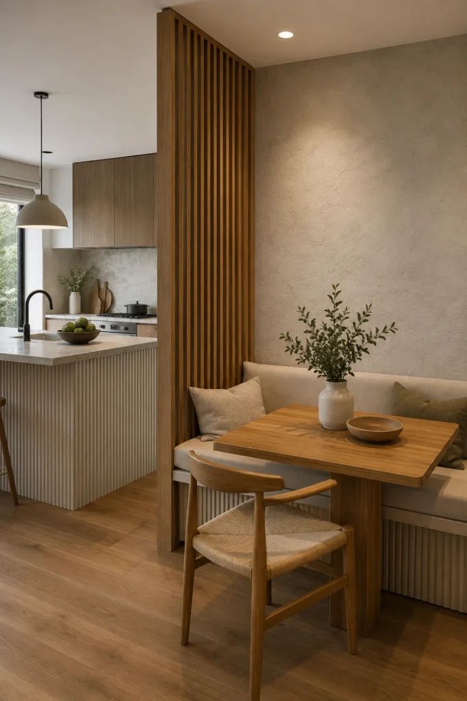 Open kitchen and dining room with a compact dining table and light seating arranged as a corner breakfast nook.