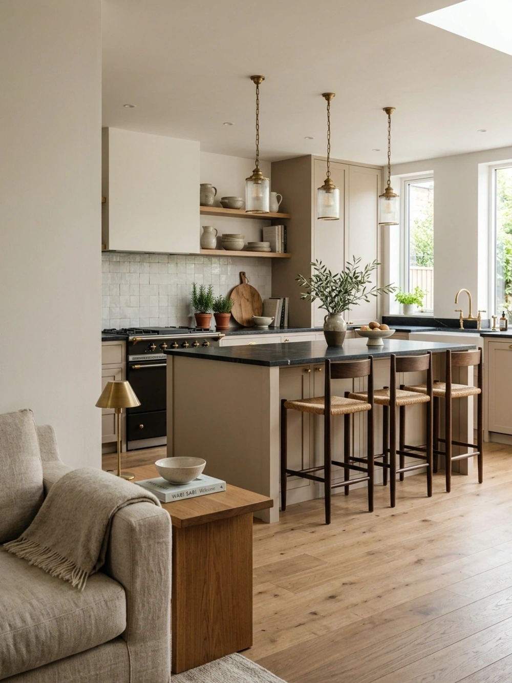 A kitchen island with three barstools and a living room area with a beige couch