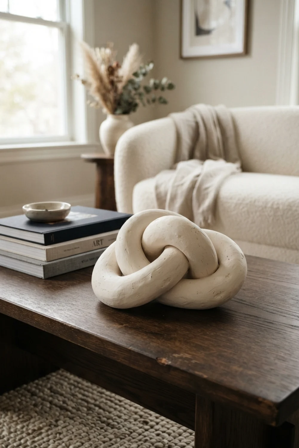 A beige clay knot sculpture displayed on a dark wooden coffee table in a living room.