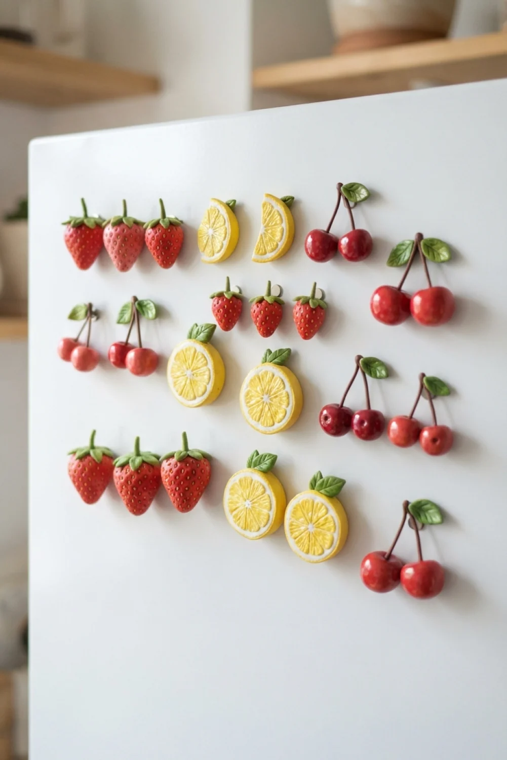 Handmade fruit-shaped air dry clay magnets including strawberries, lemon slices, and cherries on a white fridge