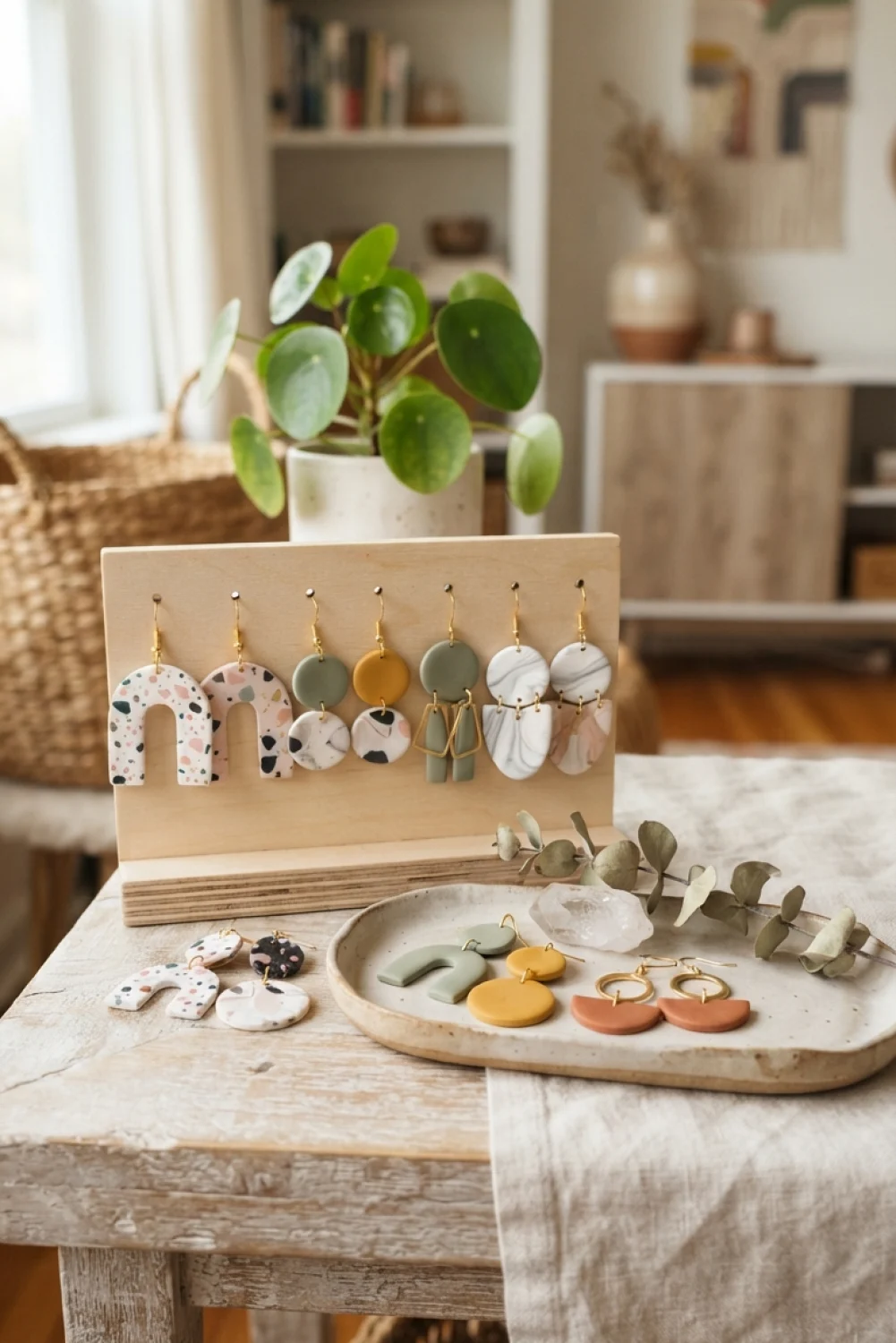 Handmade clay statement earrings in various shapes and earth-toned patterns displayed on a wooden stand and ceramic tray.