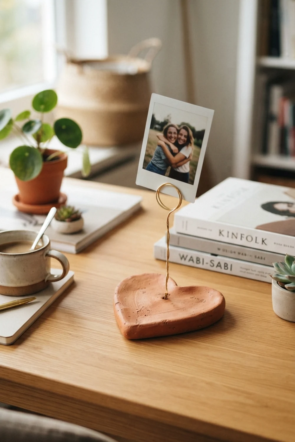 Heart-shaped air dry clay base with a gold wire loop holding a polaroid photo on a wooden desk.