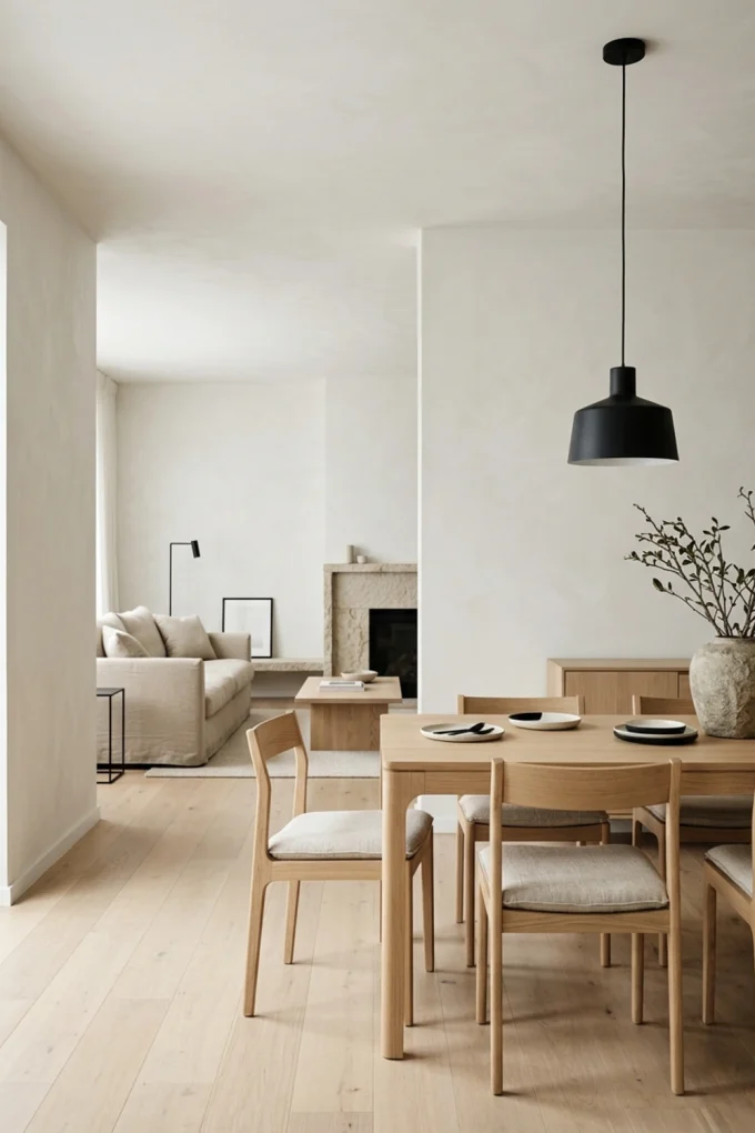 Soft plaster walls add warmth and texture to living and dining spaces.