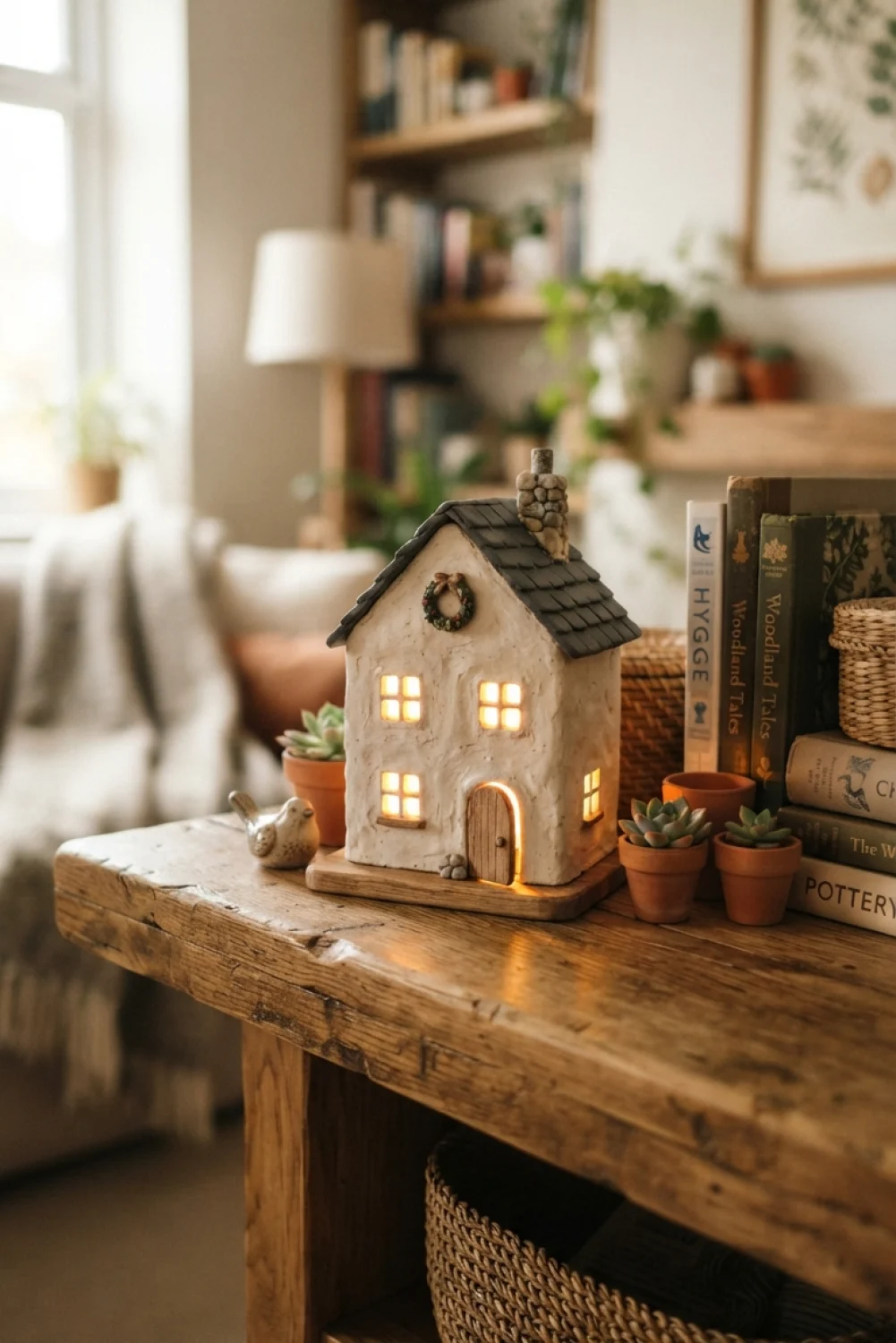 Miniature handmade clay house with glowing windows and a wreath, sitting on a wooden table with succulents and books.