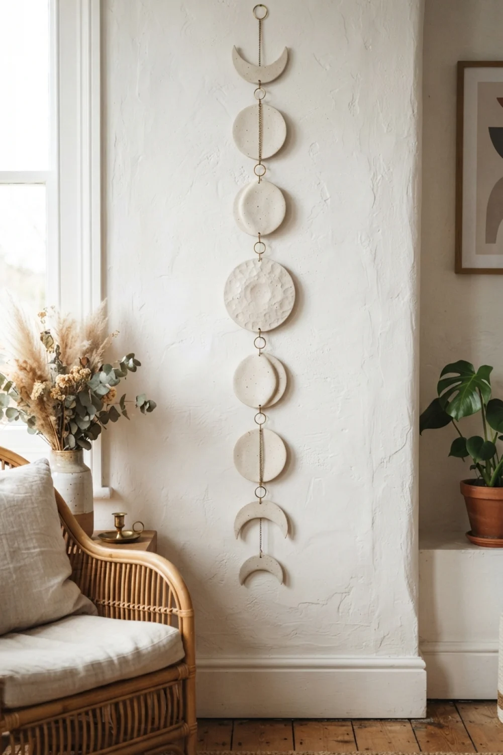 Vertical moon phase wall hanging made of speckled cream clay pieces connected by gold rings on a white wall.