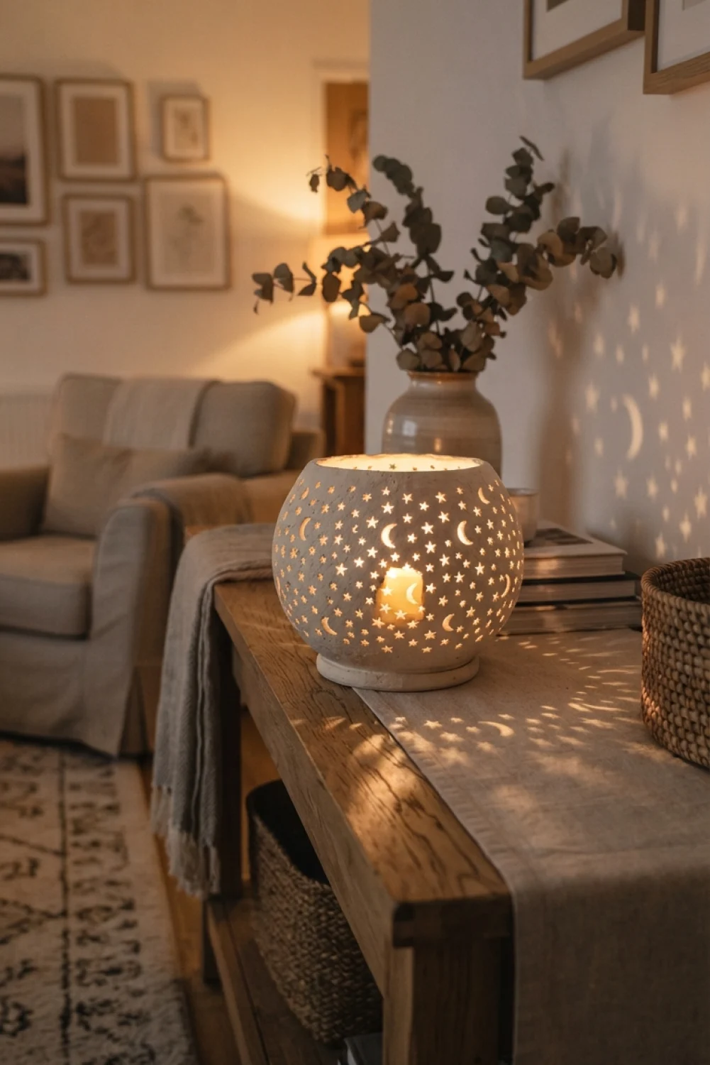 Round air dry clay lantern with star and moon cutouts glowing on a wooden console table