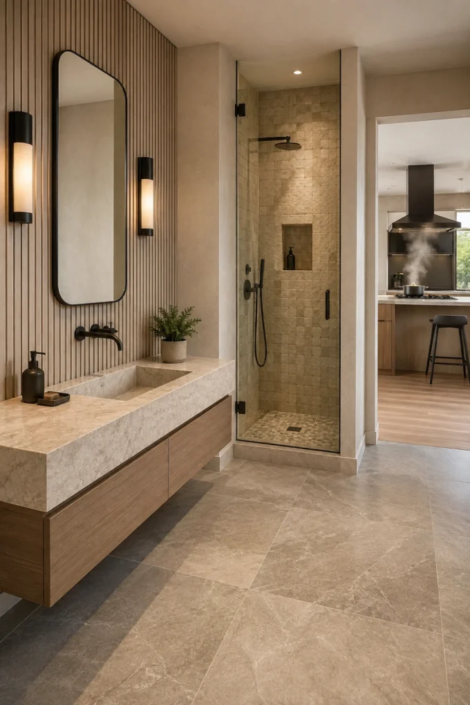 Bathroom with a range hood positioned above the cooktop to manage steam and cooking odors.
