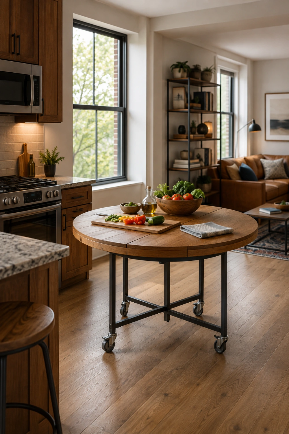 An industrial-style kitchen island with a round wooden table on casters, displaying fresh produce a cutting board, situated in a modern, well-lit living space with hardwood floors.