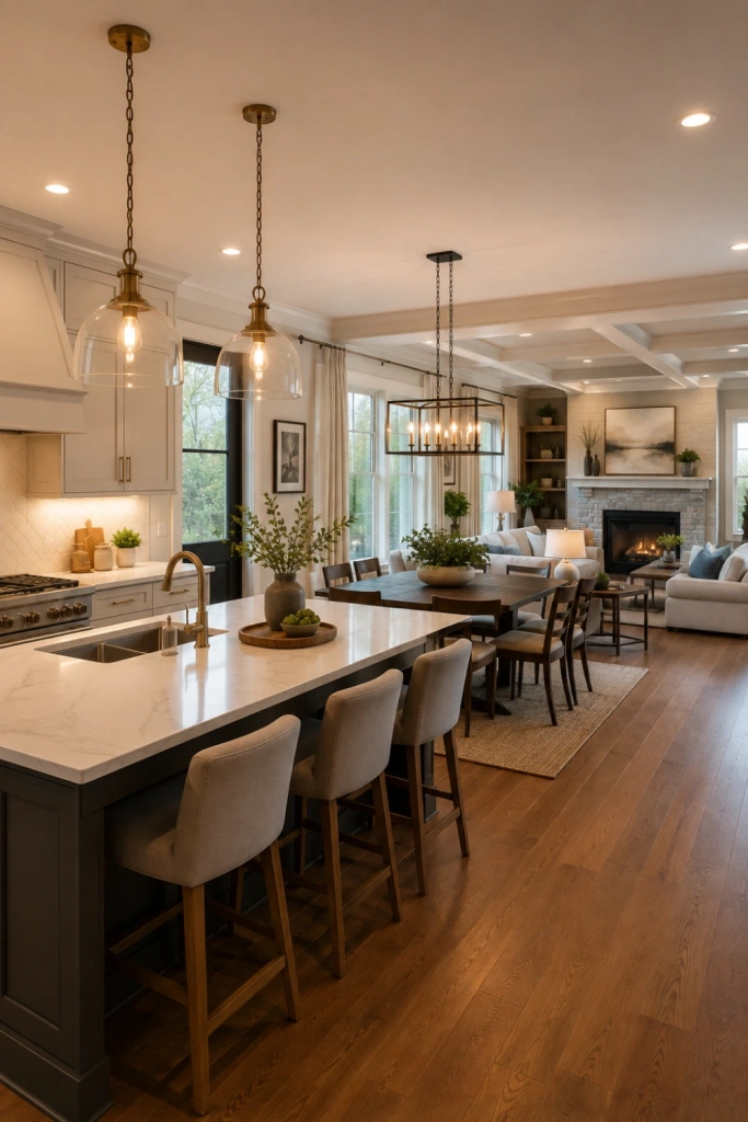Open kitchen with define each zone with lighting featuring pendants over an island, fixture over the dining table, and pendant over the island or dining table.