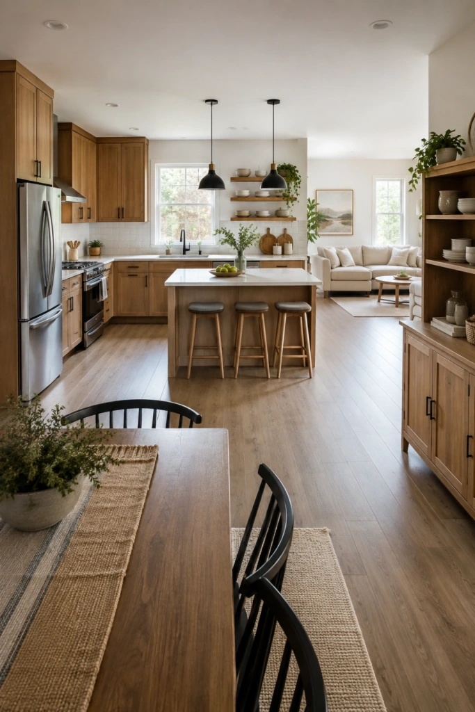 Open kitchen with an l-shaped layout keeping the center open featuring dining table, compact island, and freestanding storage unit.
