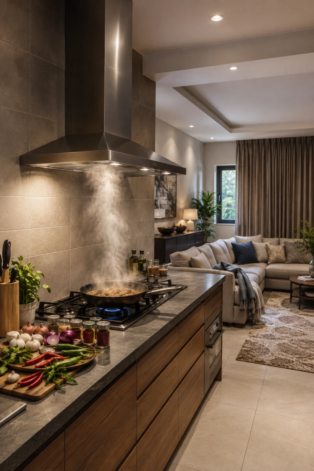 Open kitchen with plan ventilation before choosing decorative finishes featuring ventilation matters most when, household cooks frequently, and frying is common.
