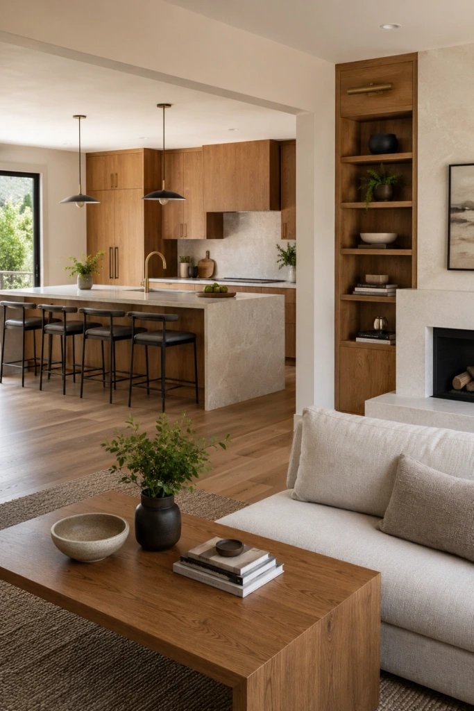 Open kitchen with repeat materials across the kitchen and living room.