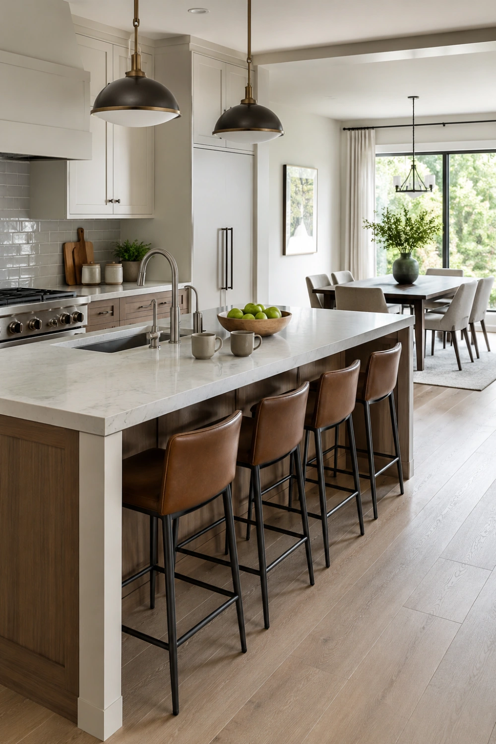 Modern kitchen island with four brown leather bar stools, light countertop, and white cabinets. Natural wood flooring pendant lighting complement the clean, minimalist aesthetic.