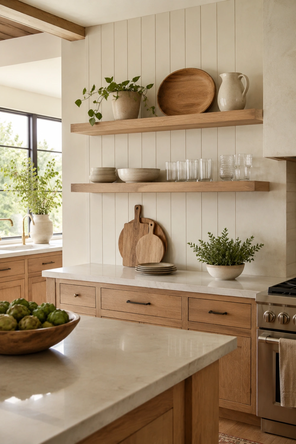 Two light wood floating shelves hold wooden plates, glasses, and a white pitcher above a white shiplap wall in a kitchen with light countertops.