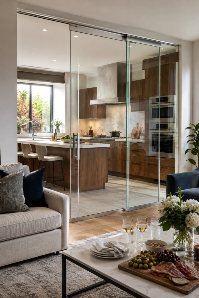 Sliding glass creating a semi-open kitchen featuring glass partition, clear glass creates the strongest connection, and glass details.