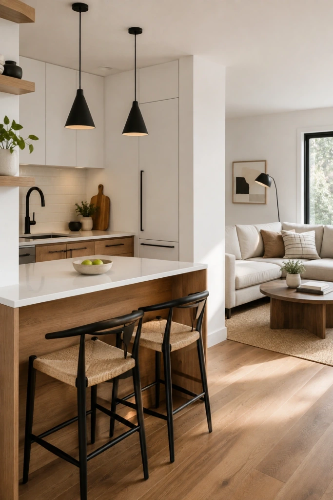 A small open kitchen visually simple featuring wood tones and black accents.