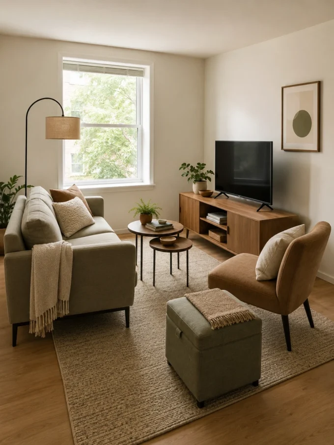 living room with a living room around one main function neatly organized using furniture with visible legs and storage ottoman that.
